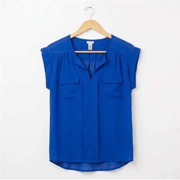 Marisol Tops - Marisol Cobalt Blue Cuffed Cap Sleeve V-Neck Sheer Blouse With Utility Pockets